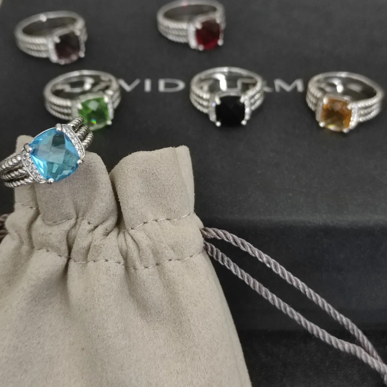 Blue Silver Cushion-Cut Central Stone Triple Rope-Textured Band Ring 3