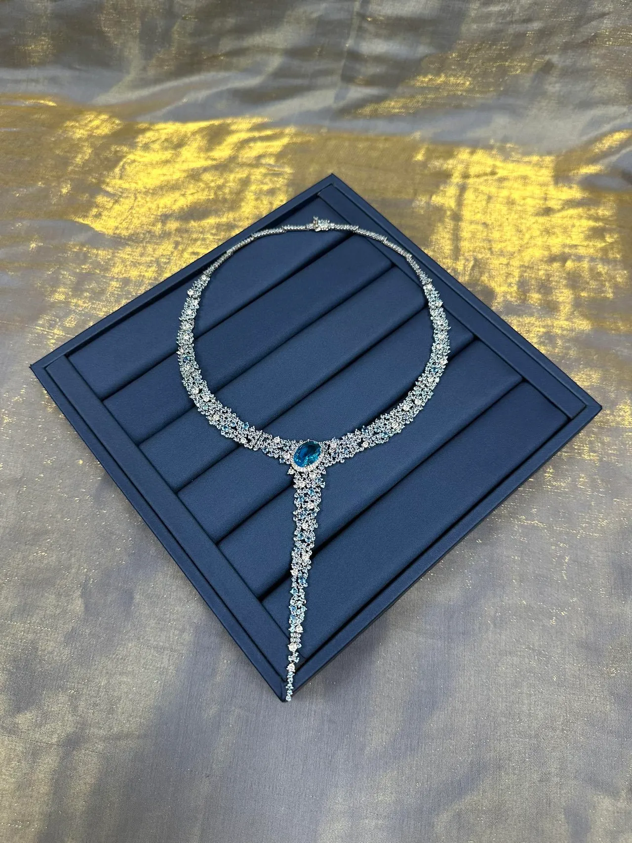 Blue Silver Pavé-Set Collar Oval Gem Focal Necklace 6