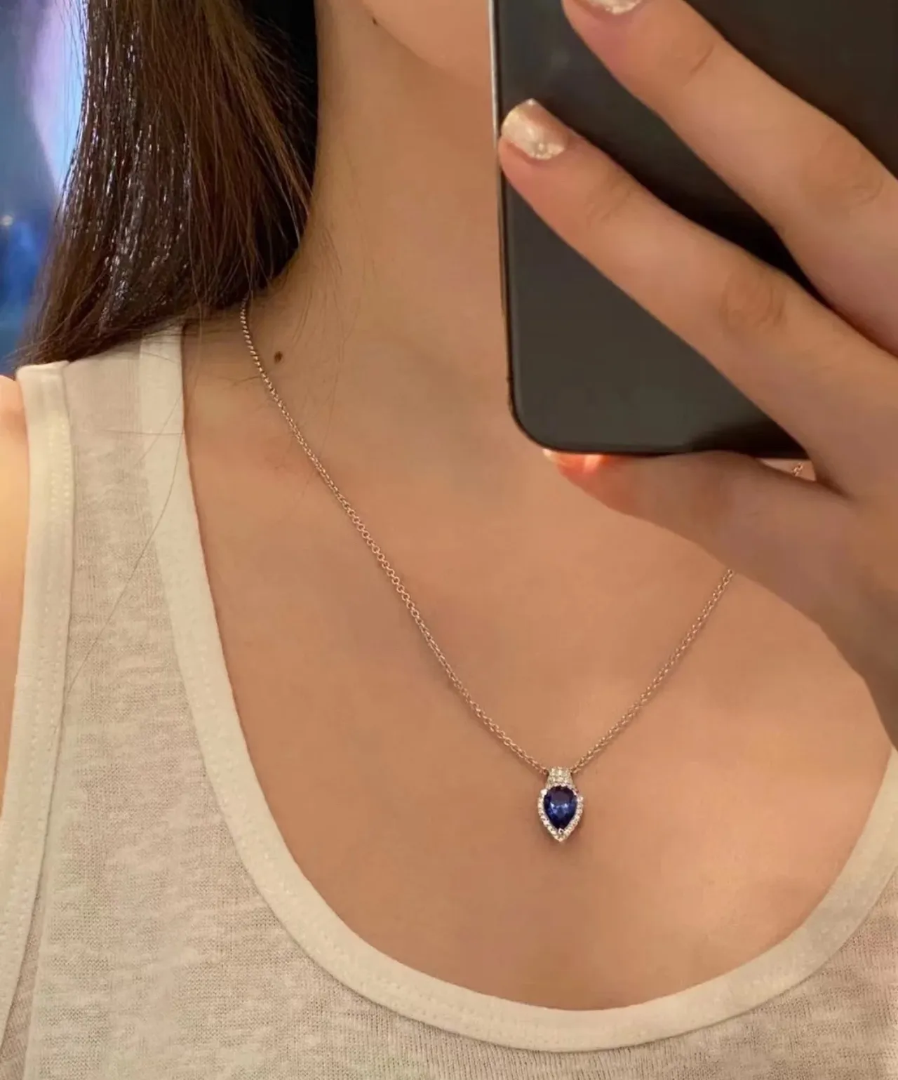 Blue Silver Teardrop Pendant Pavé-Set Halo Necklace 4