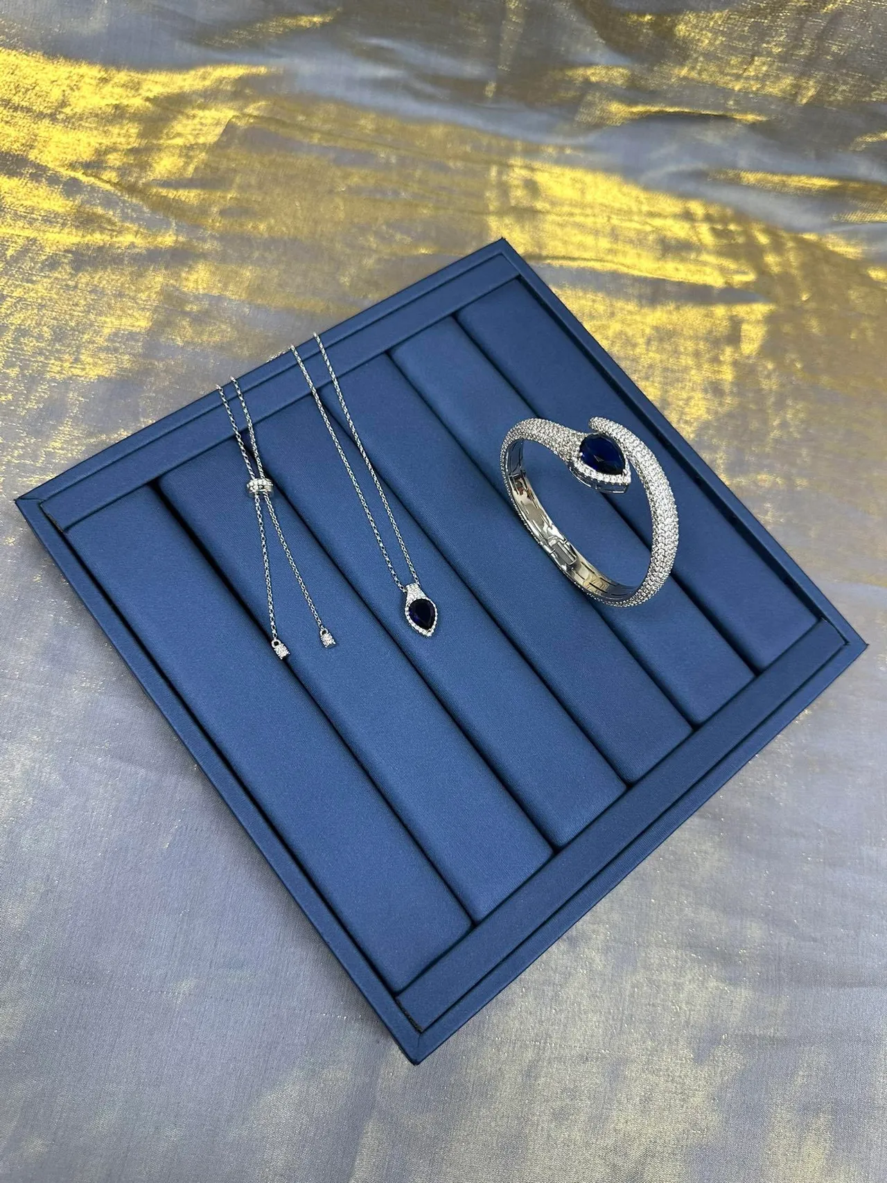 Blue Silver Teardrop Pendant Pavé-Set Halo Necklace 8