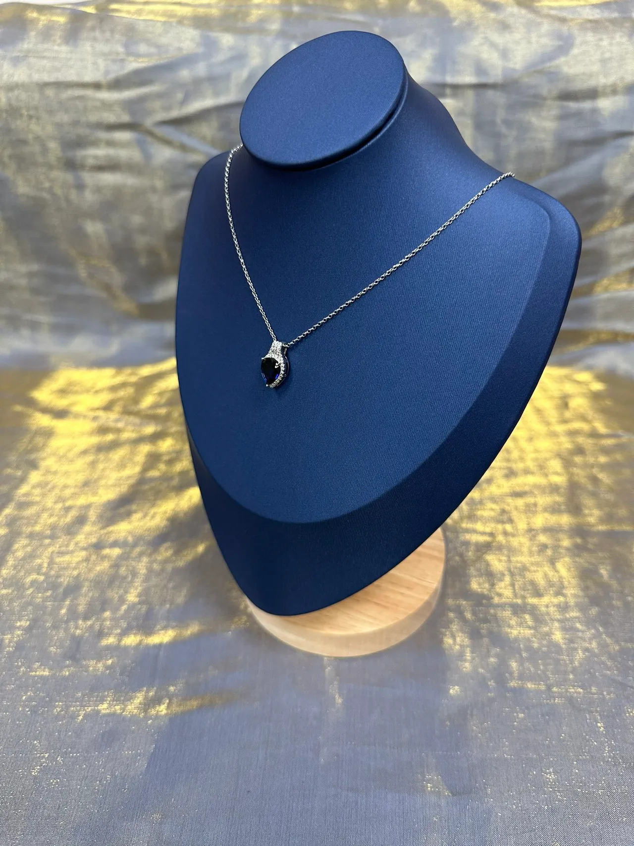 Blue Silver Teardrop Pendant Pavé-Set Halo Necklace 9