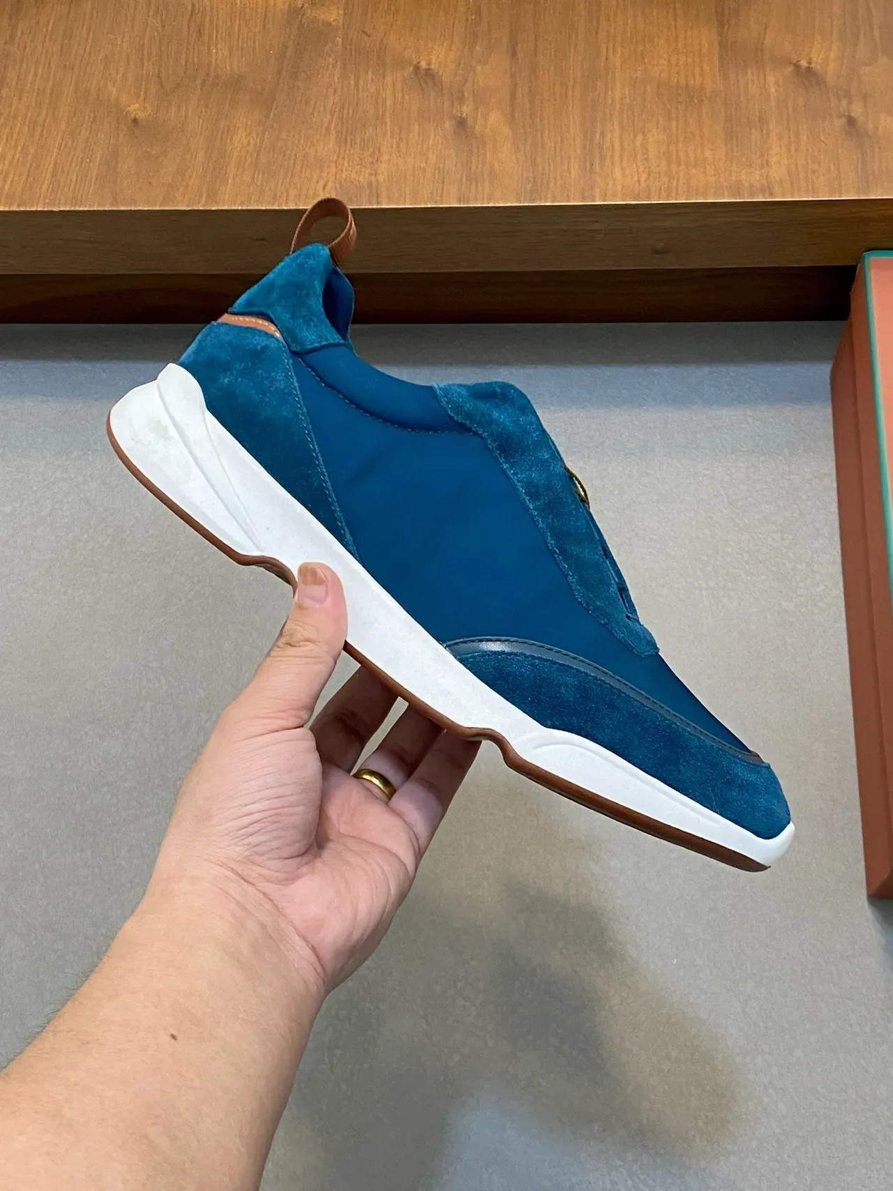 Blue Suede and Nylon Laceless Slip-On Sneakers 4