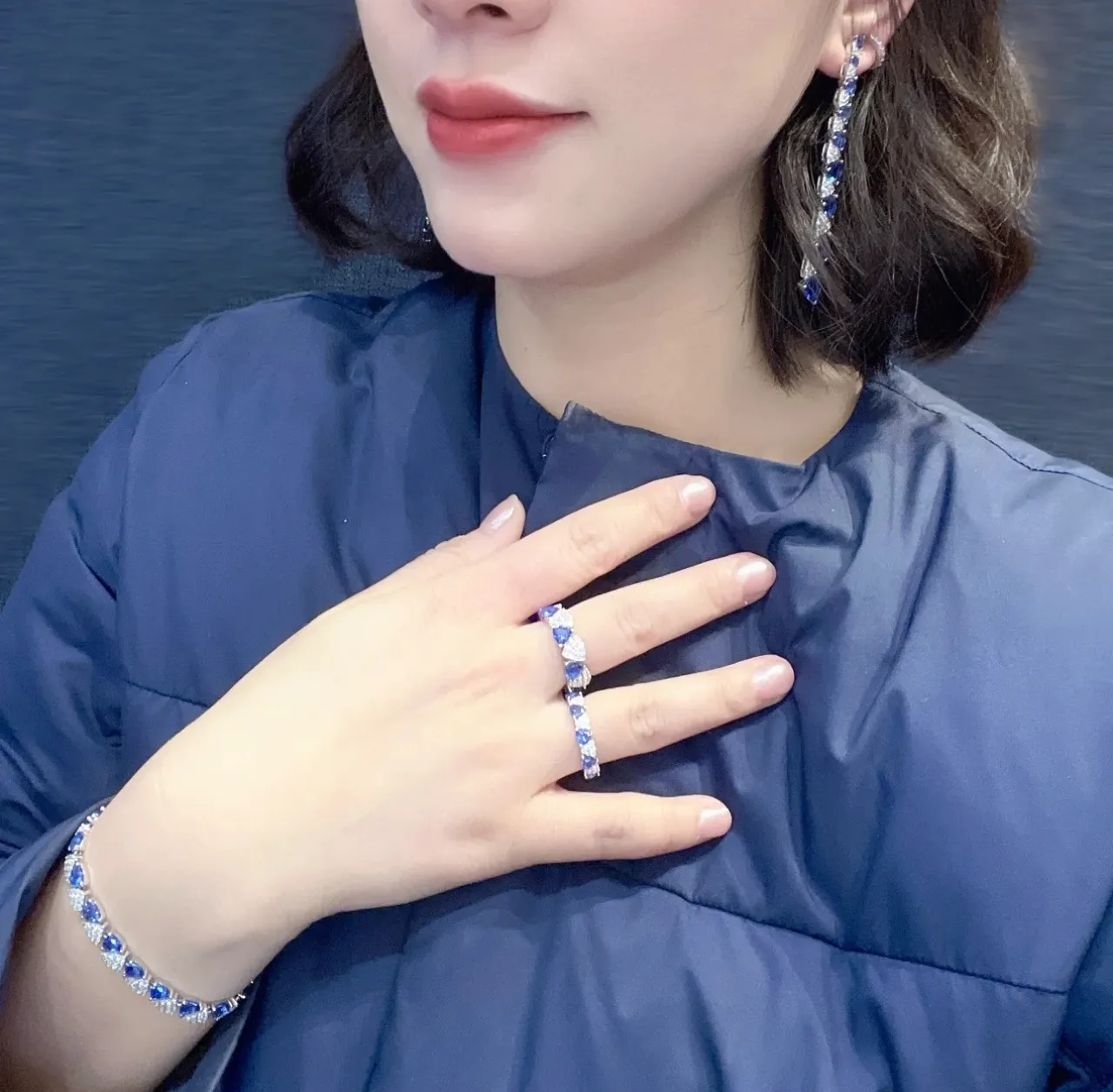 Blue Teardrop Gemstone and Pavé Accent Linear Dangle Earrings 2