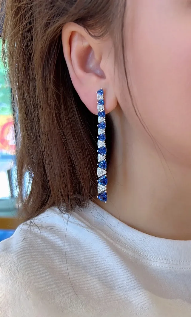 Blue Teardrop Gemstone and Pavé Accent Linear Dangle Earrings 4