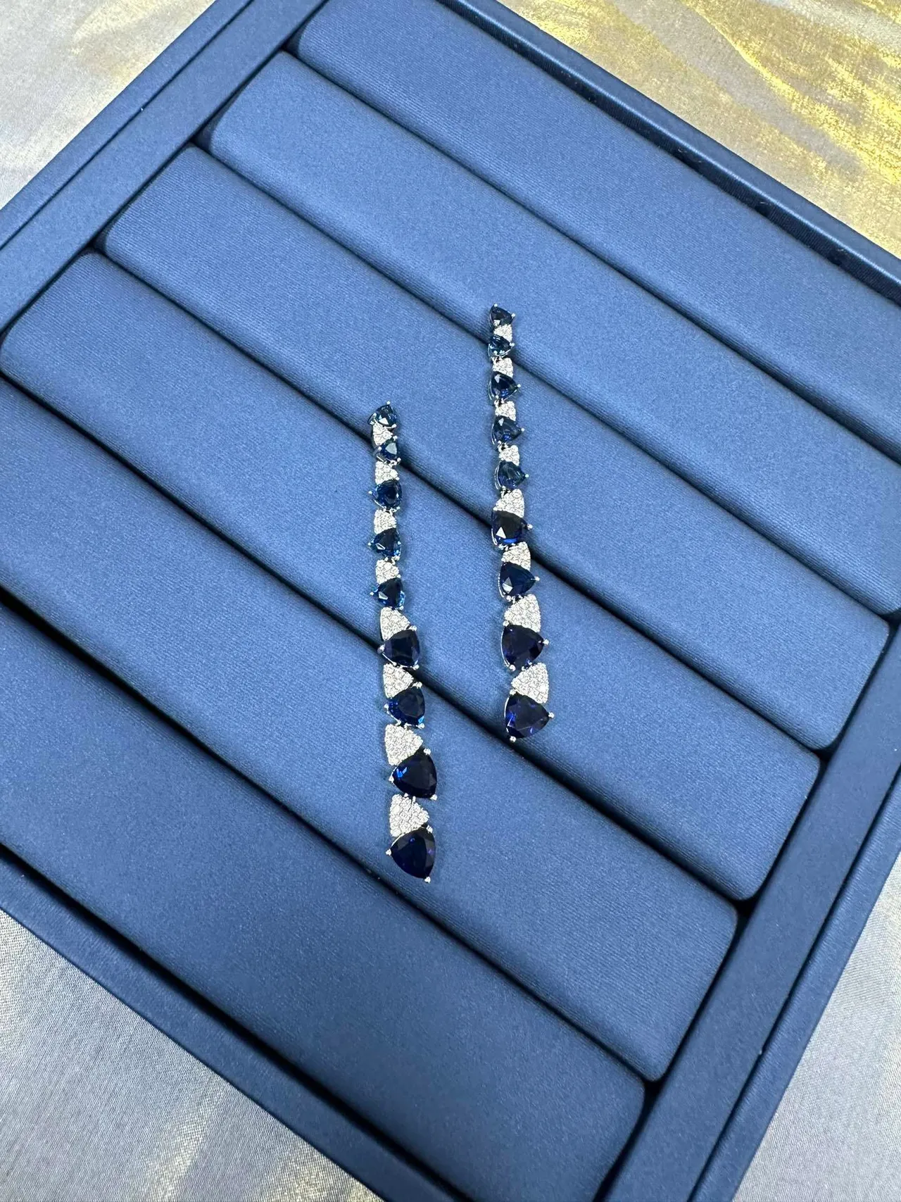 Blue Teardrop Gemstone and Pavé Accent Linear Dangle Earrings 7