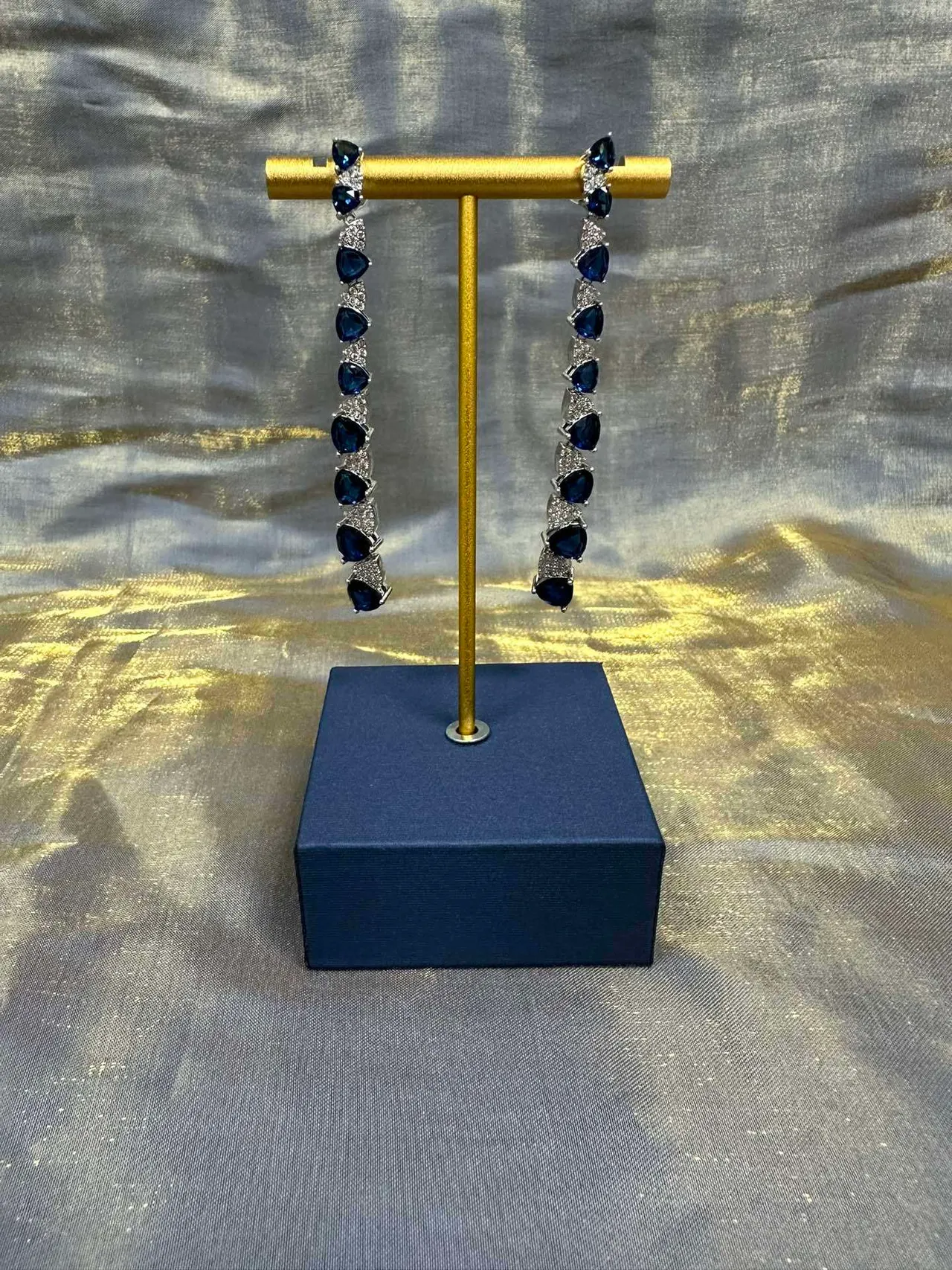 Blue Teardrop Gemstone and Pavé Accent Linear Dangle Earrings 9