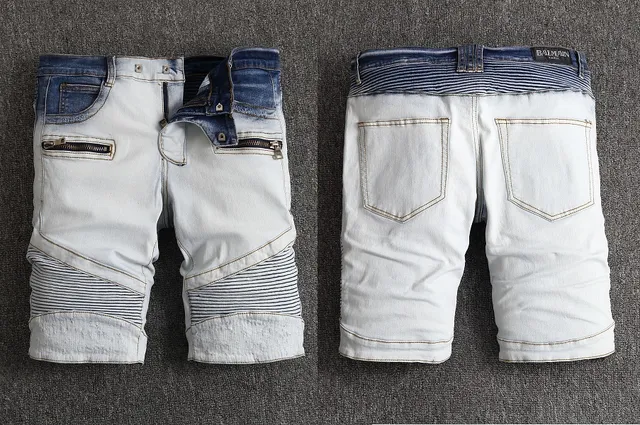 Blue White Light-Wash Denim Zippered Thigh Pockets Shorts 18