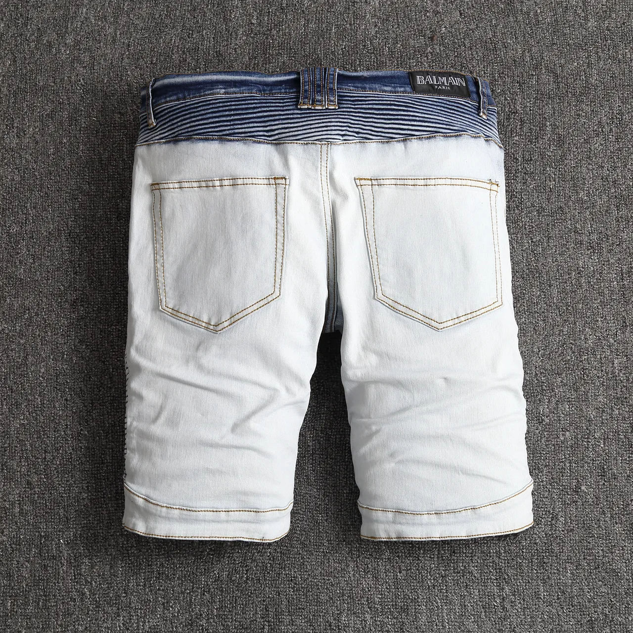 Blue White Light-Wash Denim Zippered Thigh Pockets Shorts 19