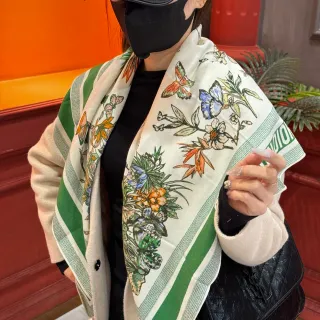 Botanical-Print Striped Border Oversized Shawl