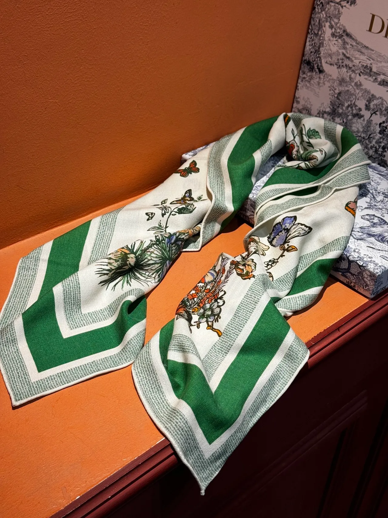 Botanical-Print Striped Border Oversized Shawl 4