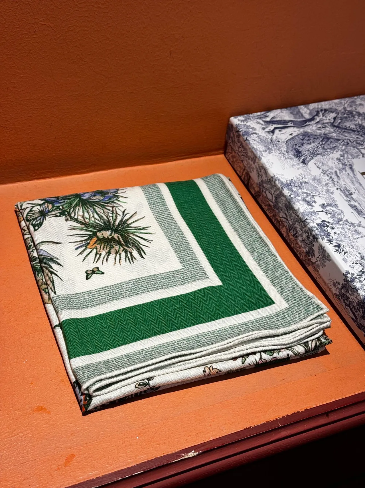 Botanical-Print Striped Border Oversized Shawl 5