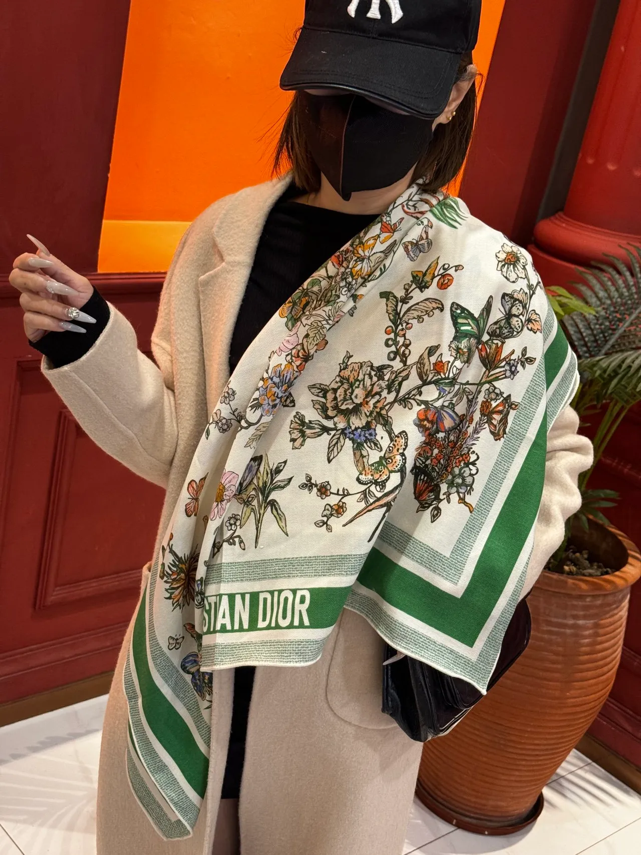 Botanical-Print Striped Border Oversized Shawl 7