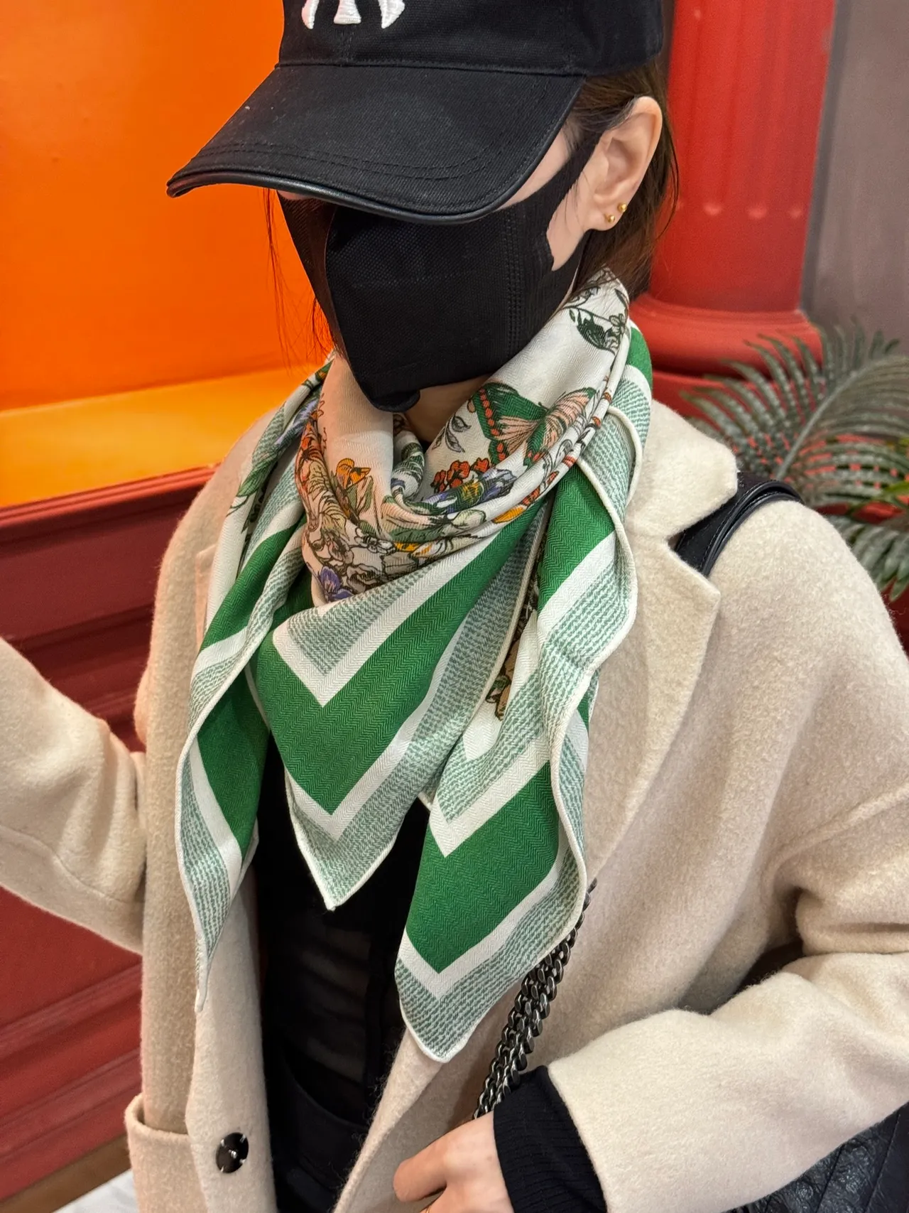 Botanical-Print Striped Border Oversized Shawl 8