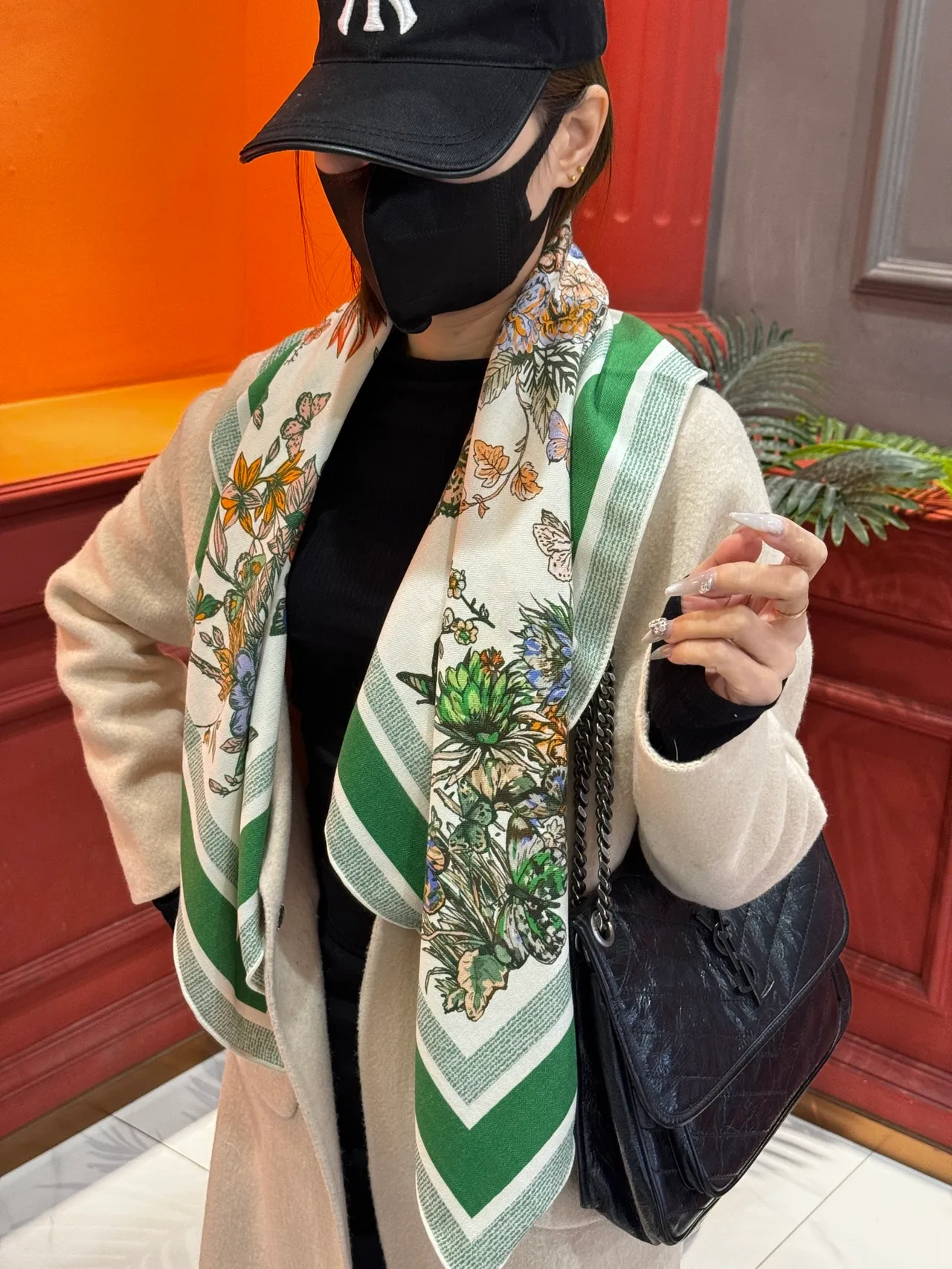 Botanical-Print Striped Border Oversized Shawl 9