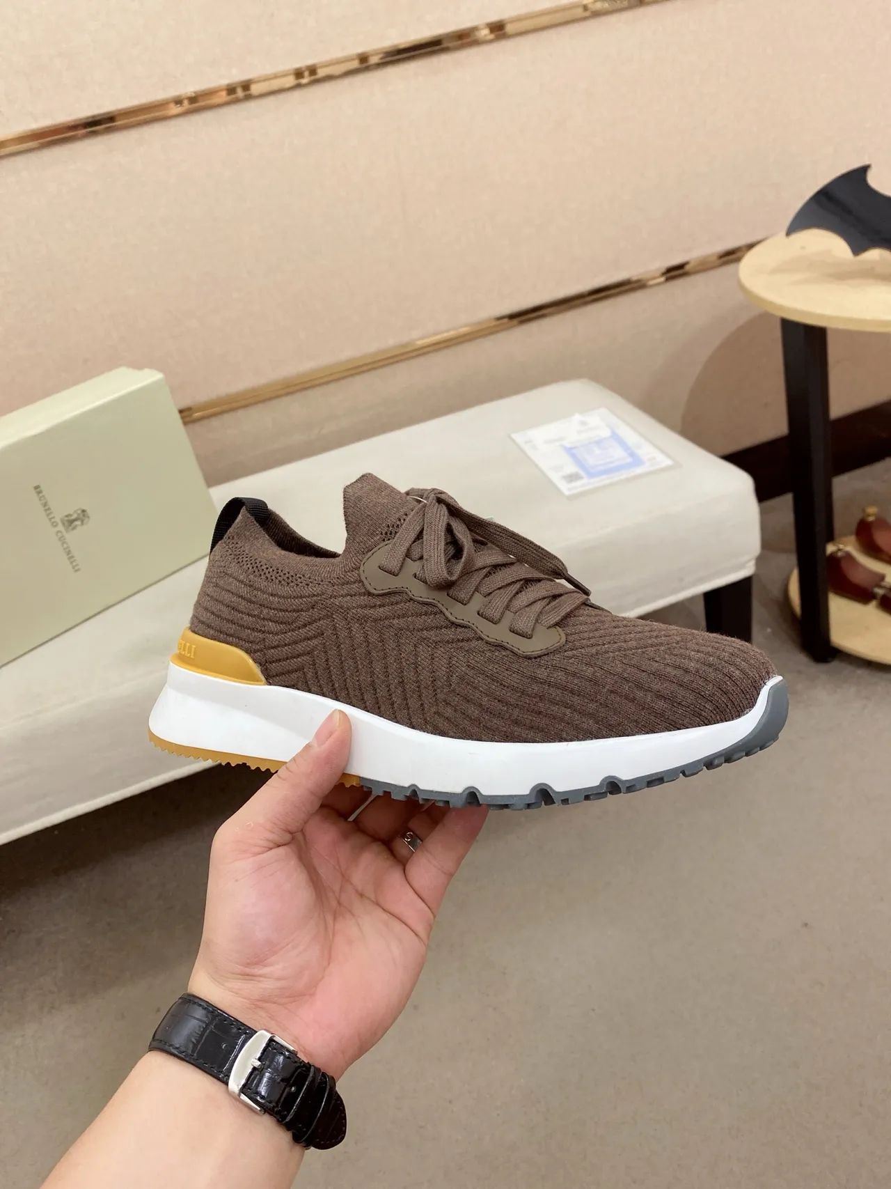 Brown Beige Knit Upper Sculpted White Midsole Sneakers 4