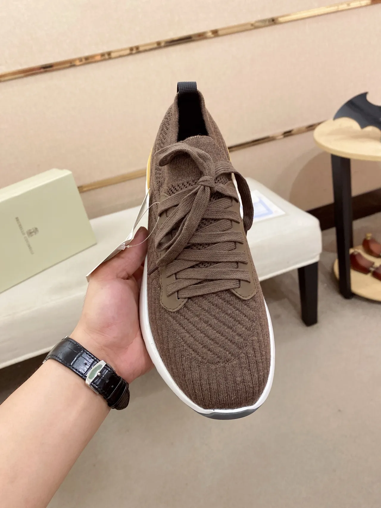 Brown Beige Knit Upper Sculpted White Midsole Sneakers 5