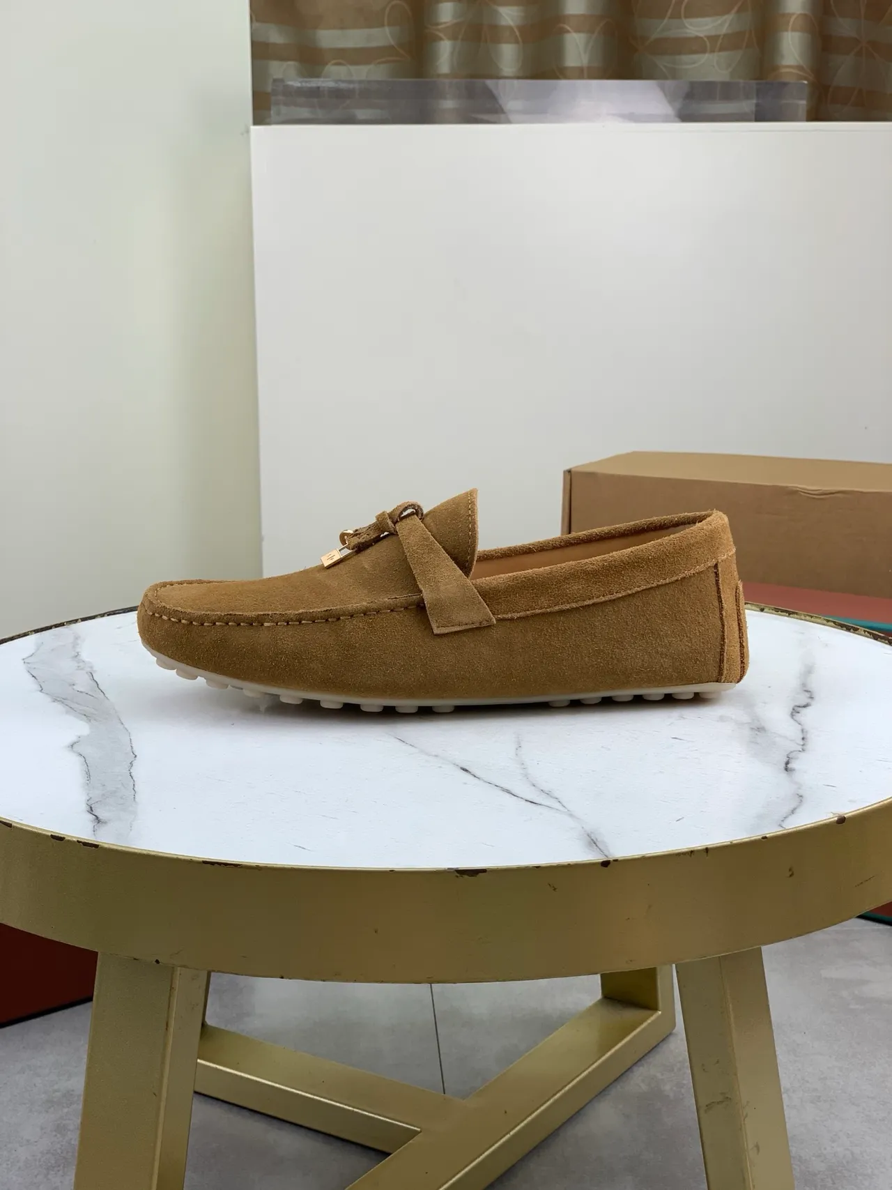 Brown Beige Suede Bow Strap Loafer 5