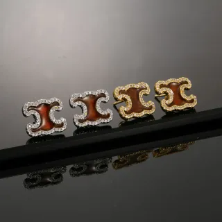 Brown Enamel C-Shaped Pavé Stud Earrings