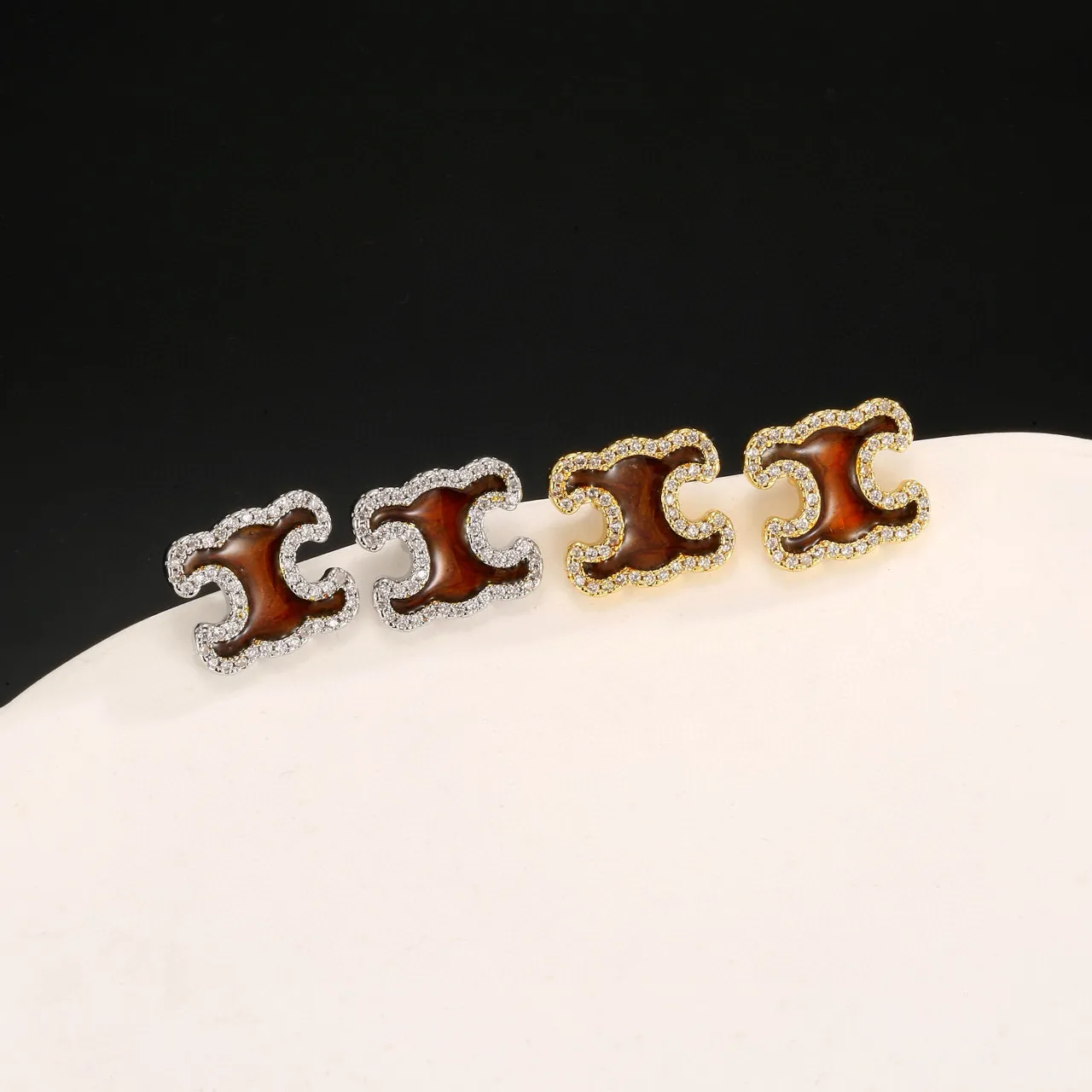 Brown Enamel C-Shaped Pavé Stud Earrings 2