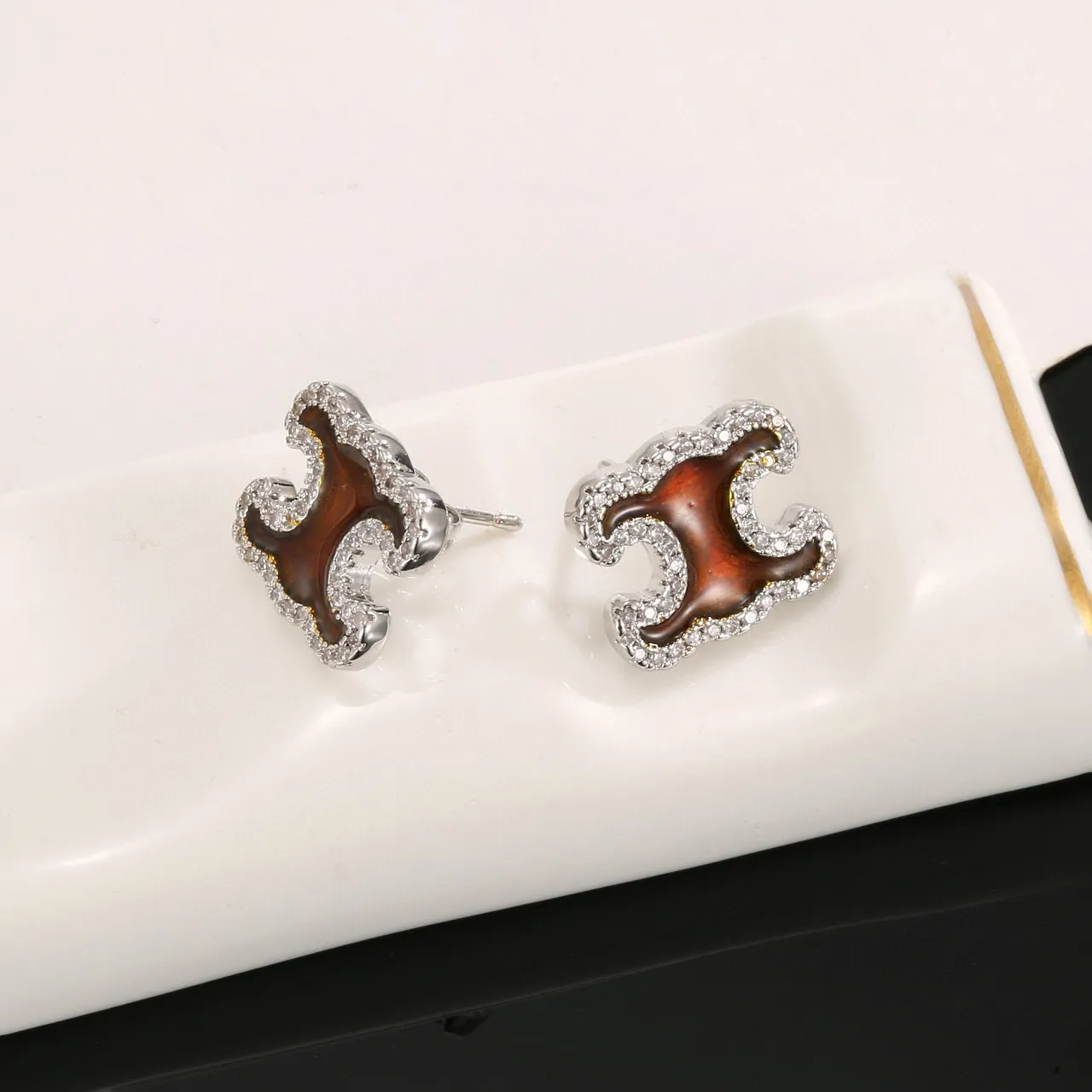 Brown Enamel C-Shaped Pavé Stud Earrings 4