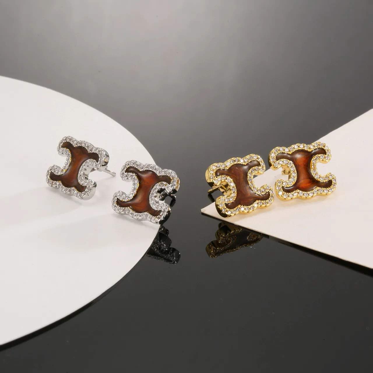 Brown Enamel C-Shaped Pavé Stud Earrings 5