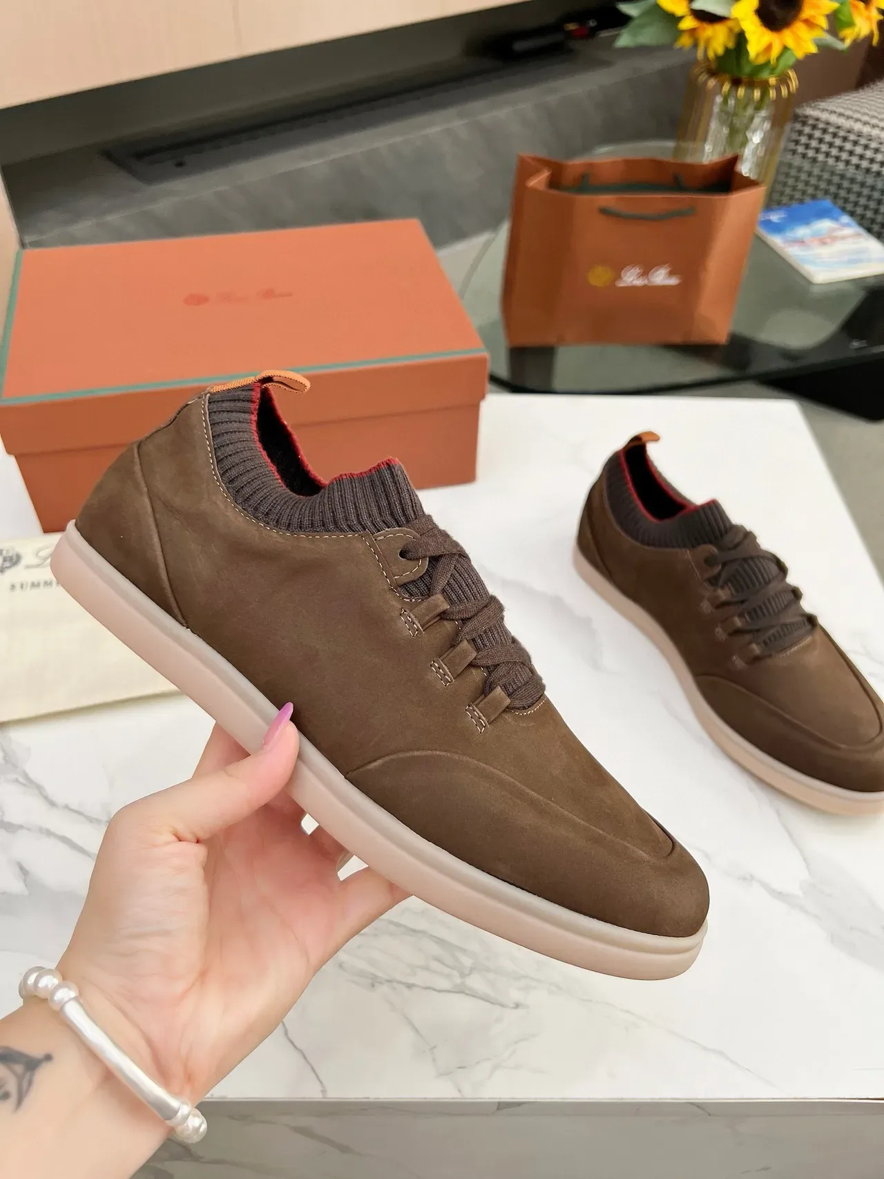 Brown Suede Knit-Collar Low-Top Lifestyle Sneakers 2