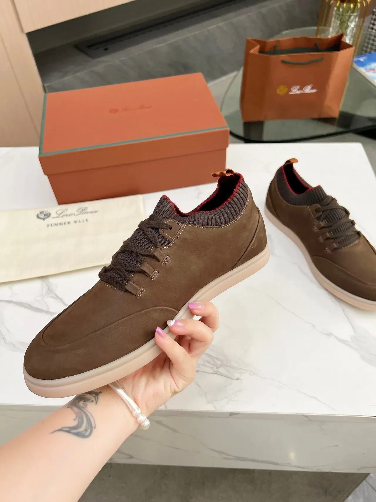 Brown Suede Knit-Collar Low-Top Lifestyle Sneakers 3