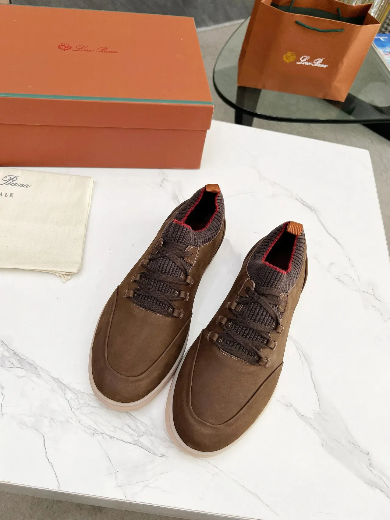 Brown Suede Knit-Collar Low-Top Lifestyle Sneakers 4