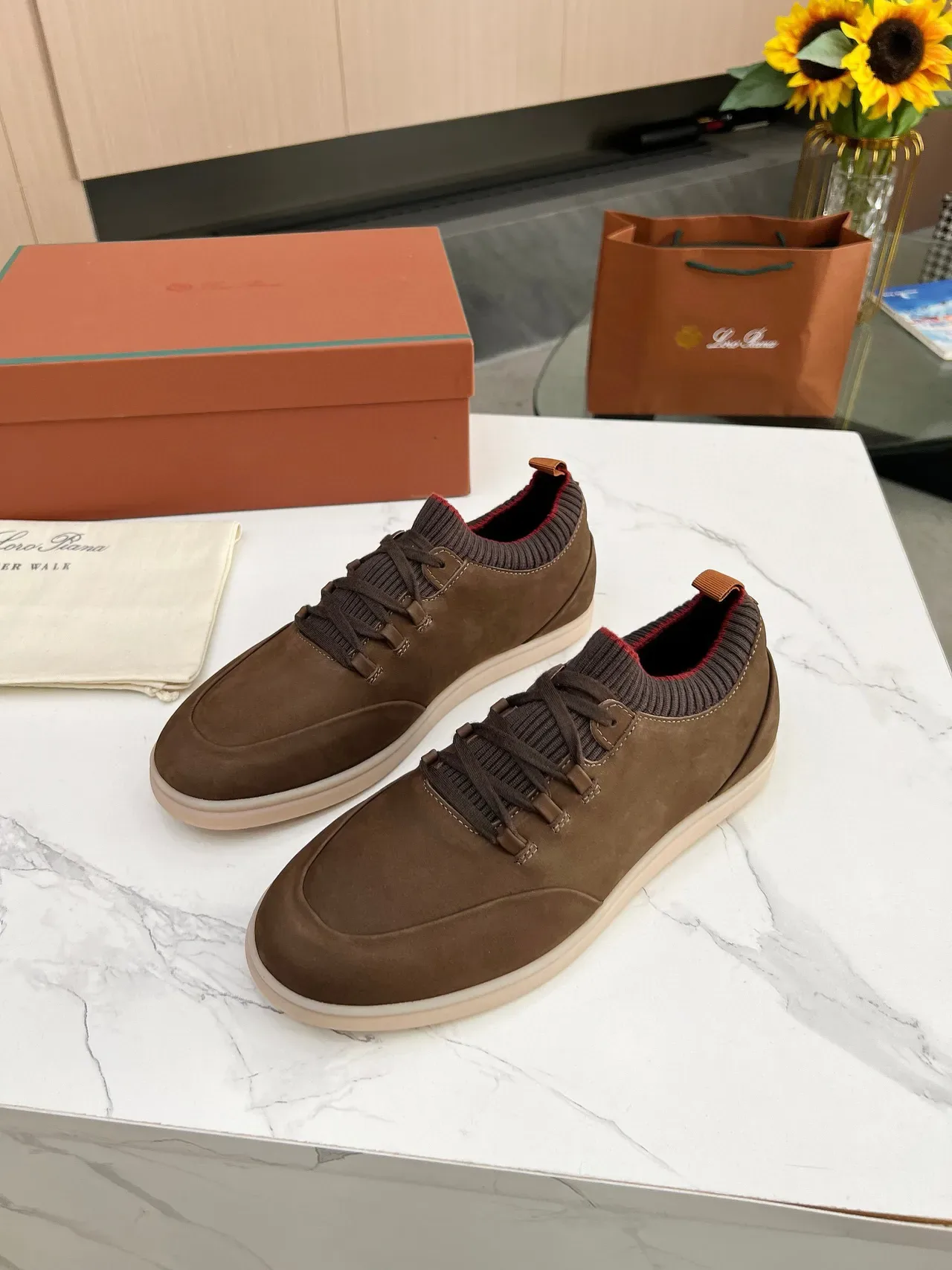 Brown Suede Knit-Collar Low-Top Lifestyle Sneakers 5