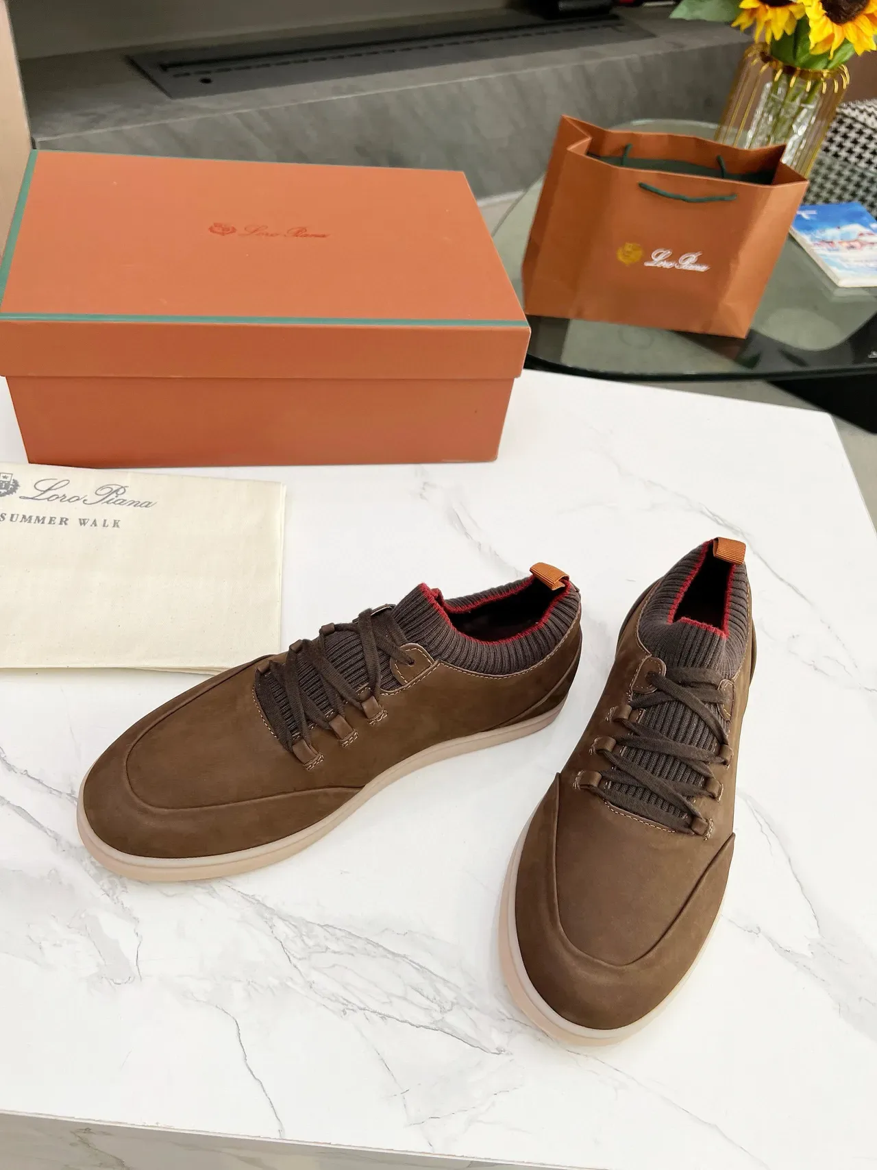 Brown Suede Knit-Collar Low-Top Lifestyle Sneakers 6