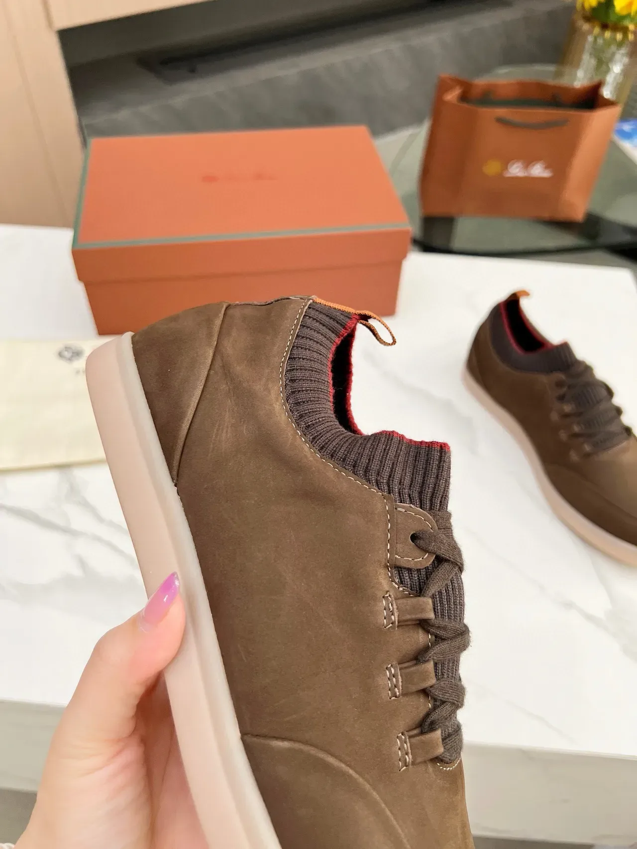 Brown Suede Knit-Collar Low-Top Lifestyle Sneakers 8