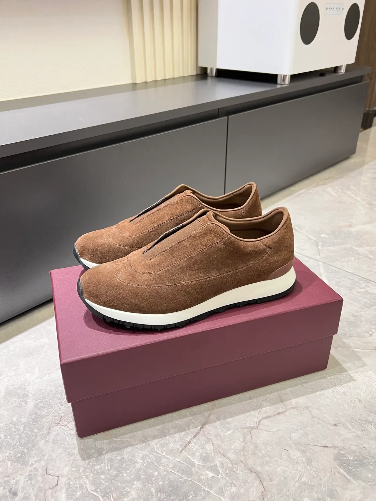 Brown White Suede Upper Slip-On Construction Sneakers 5