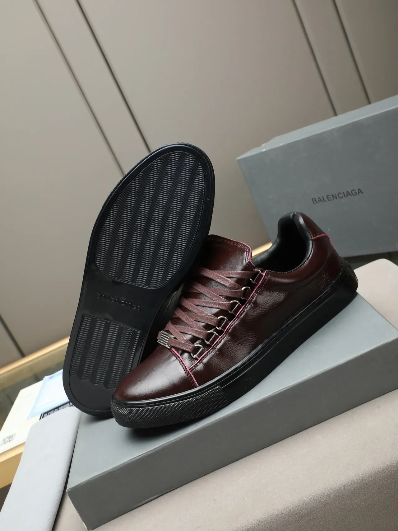 Burgundy Pink Leather Upper Flat Platform Sole Casual Shoes 4