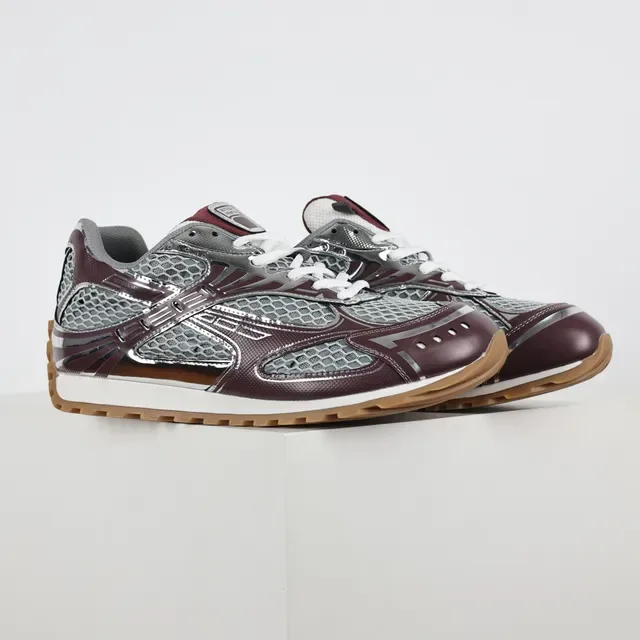 Burgundy Silver Layered Synthetic Cage Hexagonal Mesh Panels Sneakers 3