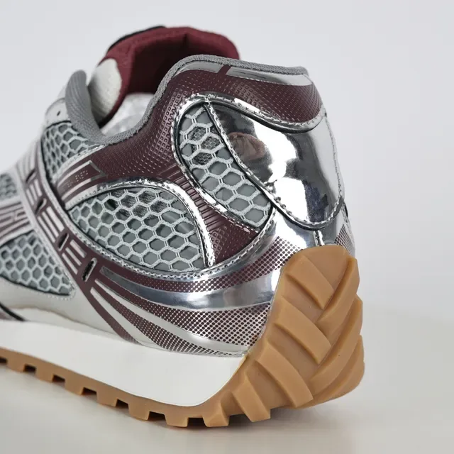 Burgundy Silver Layered Synthetic Cage Hexagonal Mesh Panels Sneakers 4
