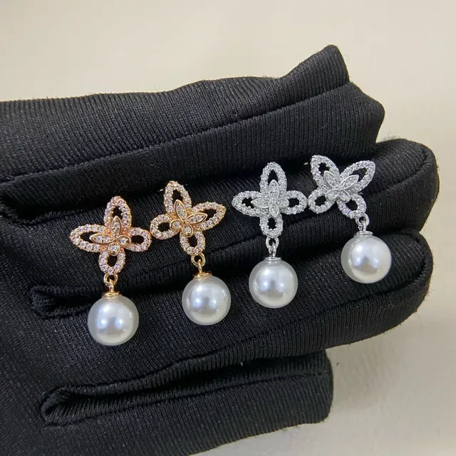 Butterfly Motif Pavé-Set Pearl Drop Earrings 2