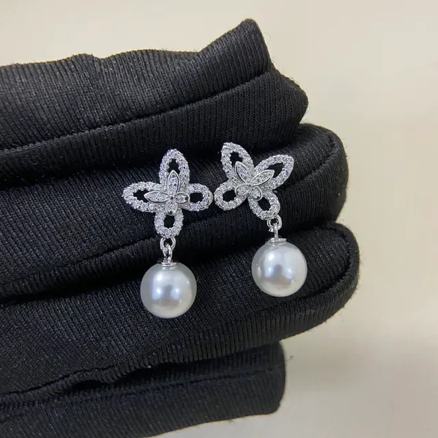 Butterfly Motif Pavé-Set Pearl Drop Earrings 3