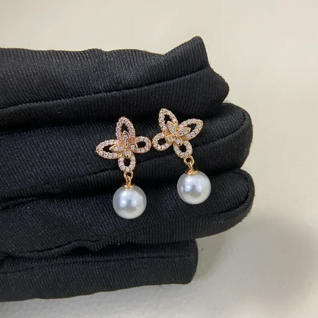 Butterfly Motif Pavé-Set Pearl Drop Earrings 5