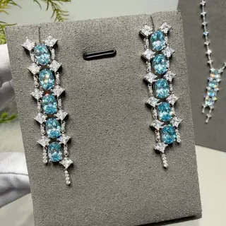 Cascading Oval Blue Gemstone and Clear Stone Drop Earrings