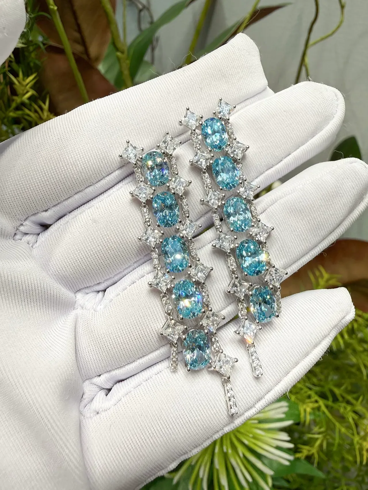 Cascading Oval Blue Gemstone and Clear Stone Drop Earrings 5