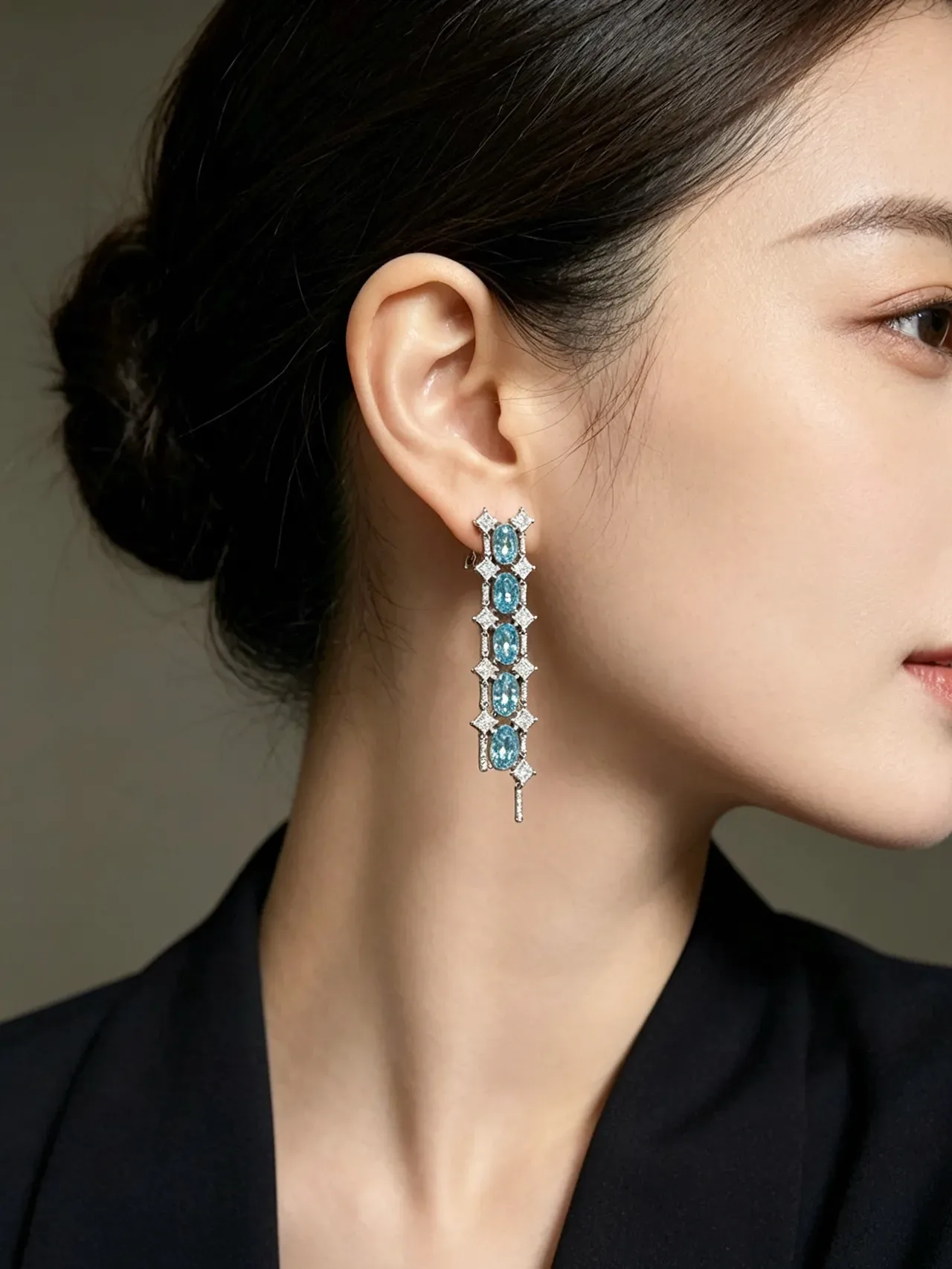 Cascading Oval Blue Gemstone and Clear Stone Drop Earrings 8