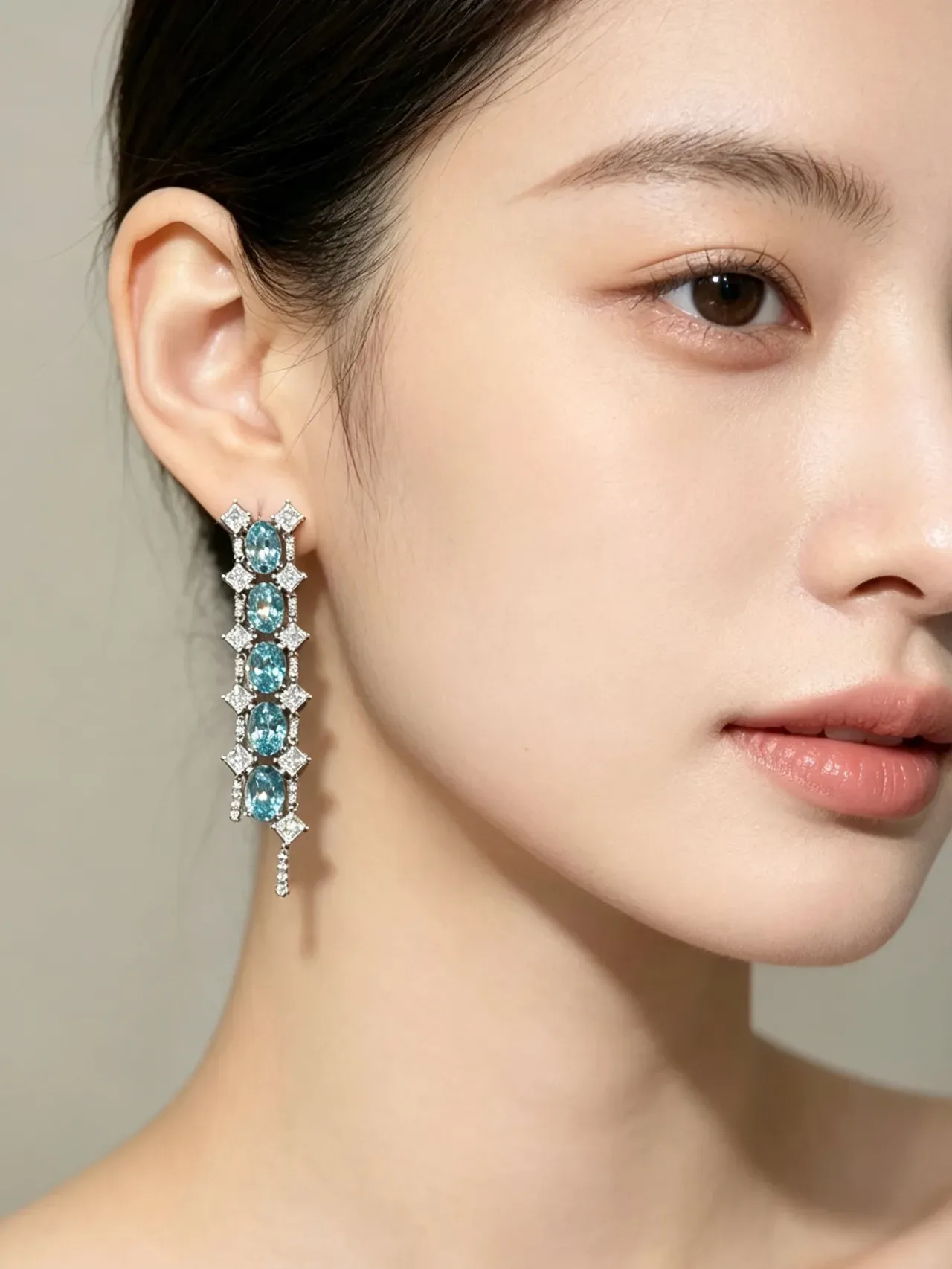 Cascading Oval Blue Gemstone and Clear Stone Drop Earrings 9