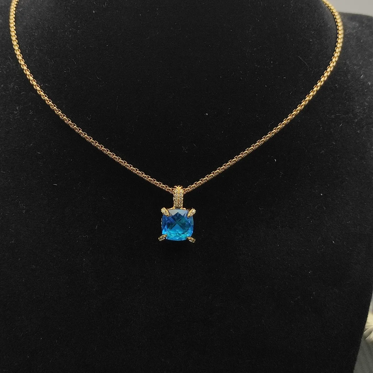 David Yurman Blue Gold Box Chain Cushion-Cut Gemstone Necklace 8