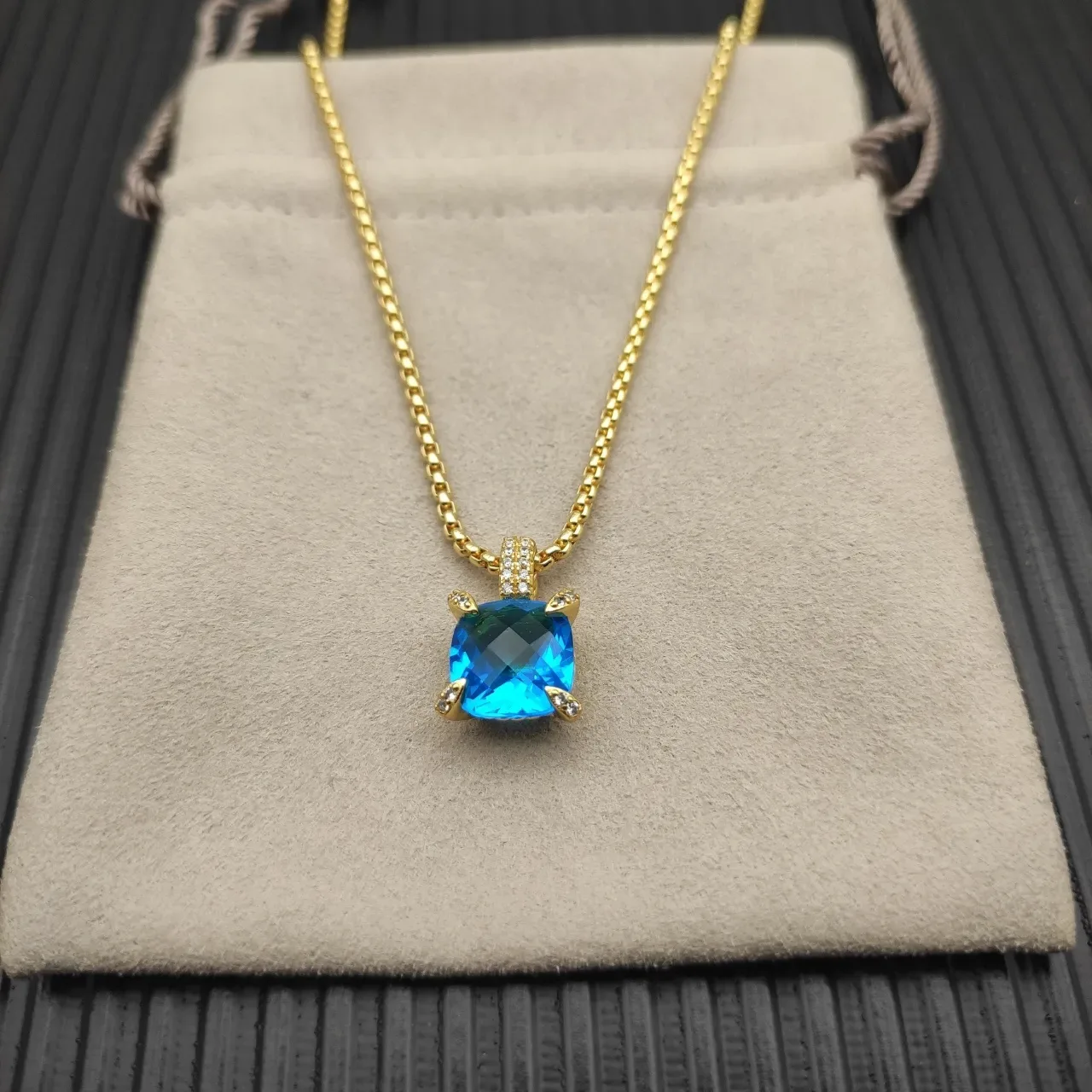 David Yurman Blue Gold Box Chain Cushion-Cut Gemstone Necklace 9