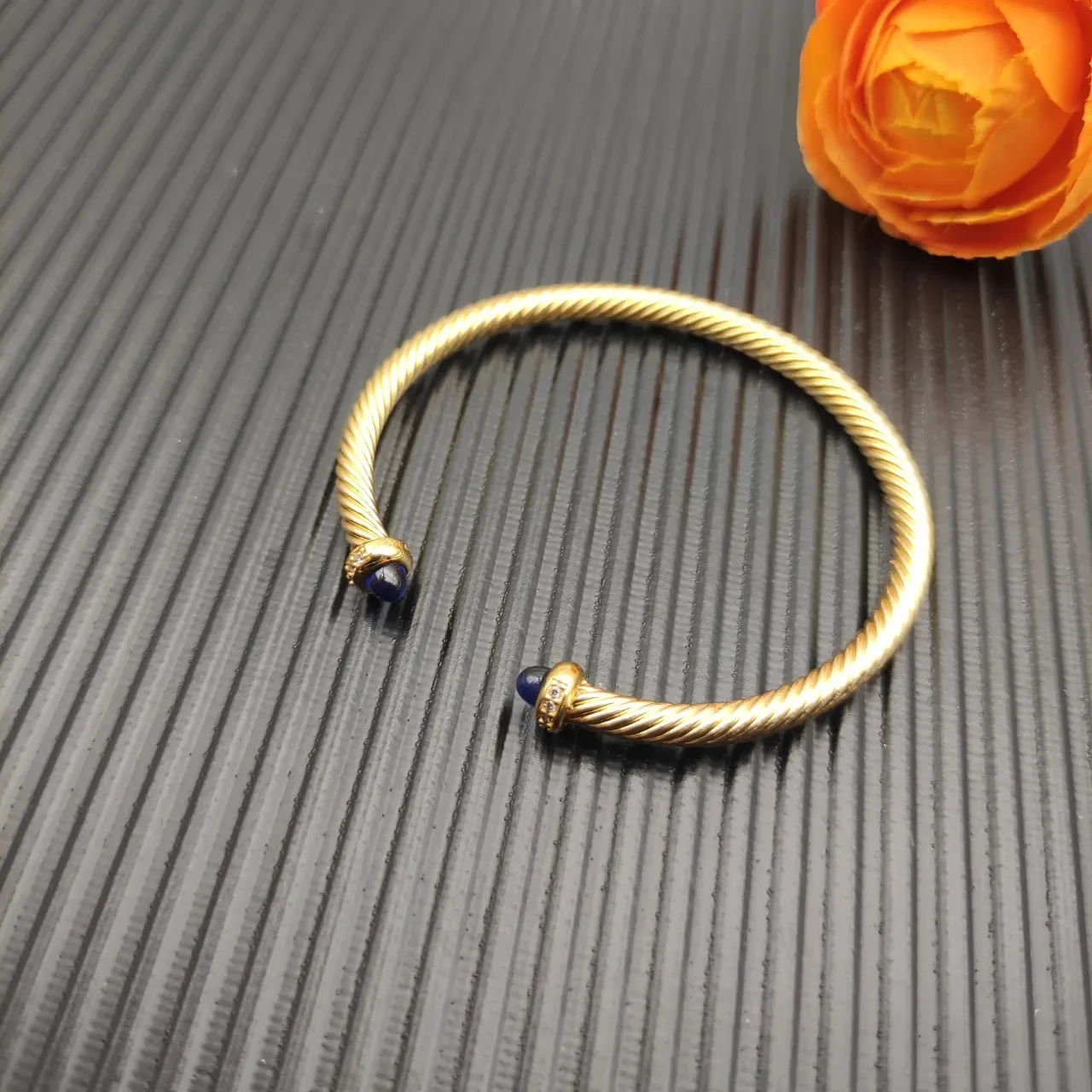 David Yurman Cable Classic Twisted Gold-Tone Blue Cabochon Bracelet 6