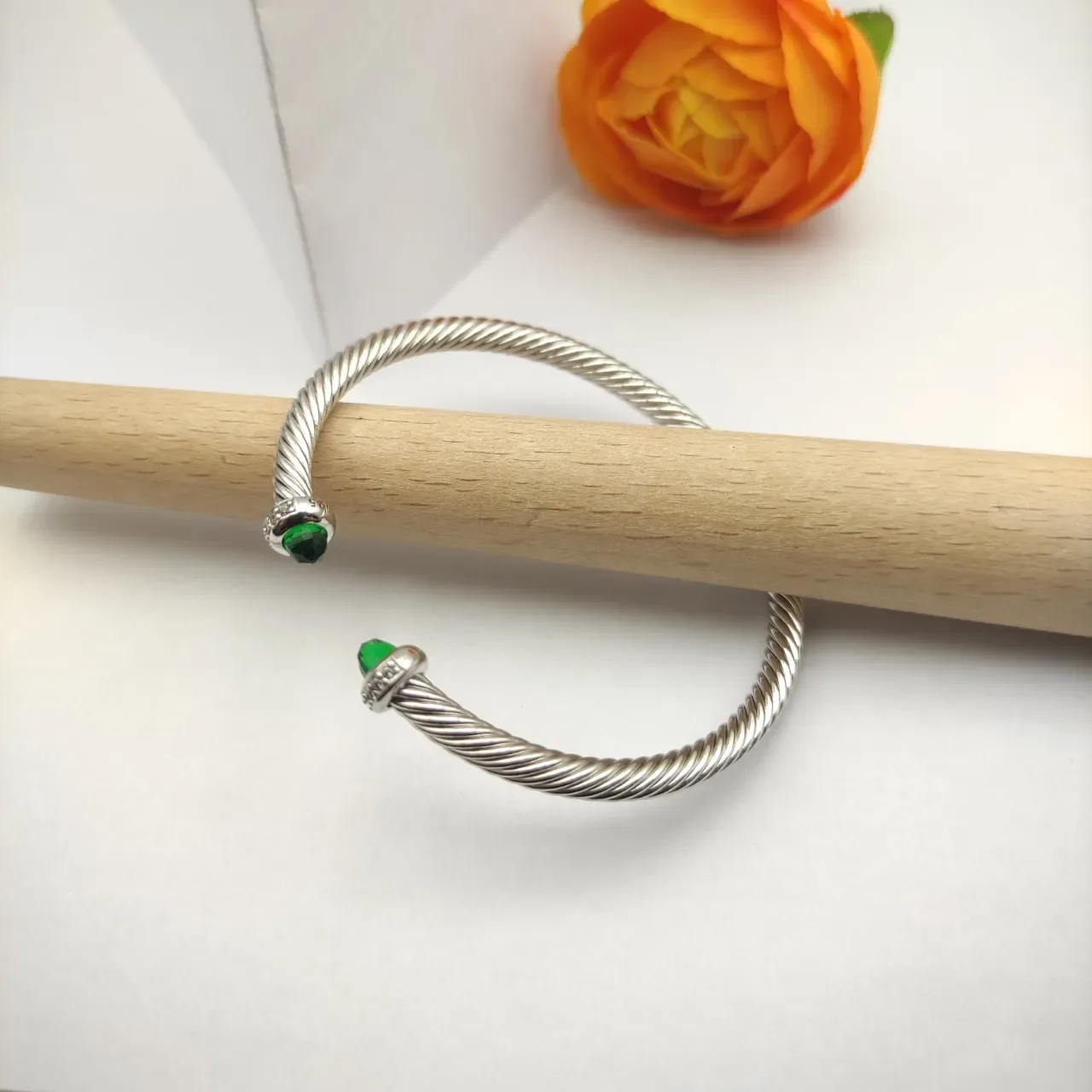 David Yurman Cable Classic Twisted Silver and Green Bracelet 4