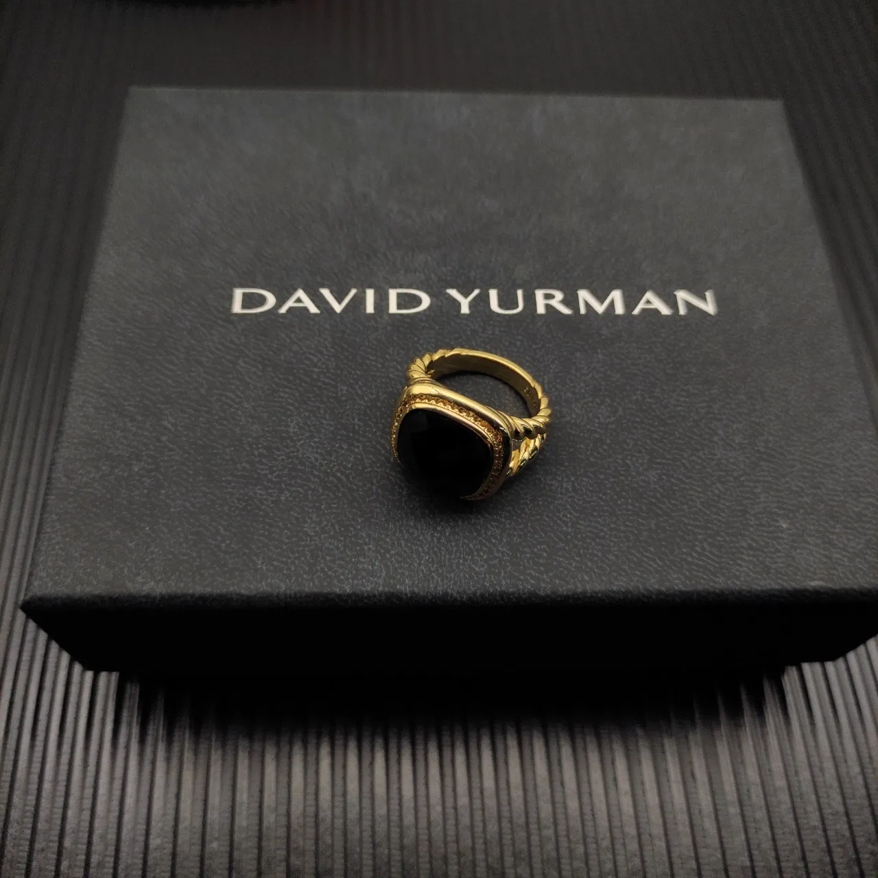 David Yurman Cable Classics Gold Black Twisted Band Faceted Cushion-Cut Stone Ring 4