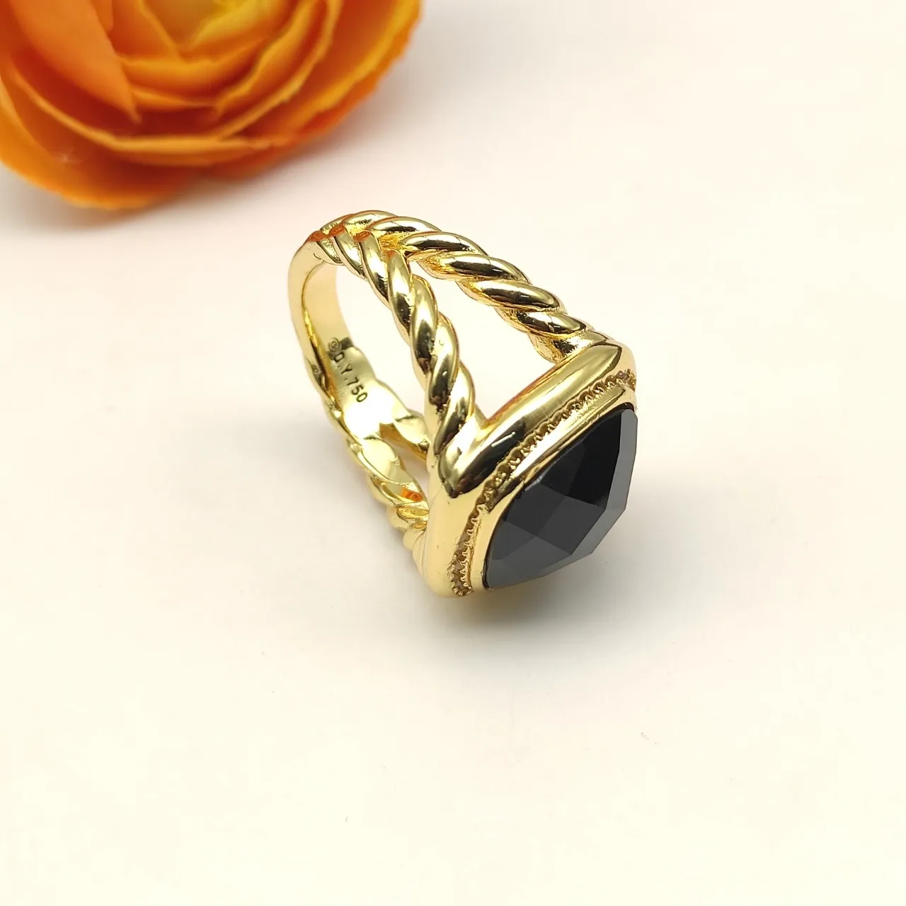 David Yurman Cable Classics Gold Black Twisted Band Faceted Cushion-Cut Stone Ring 5
