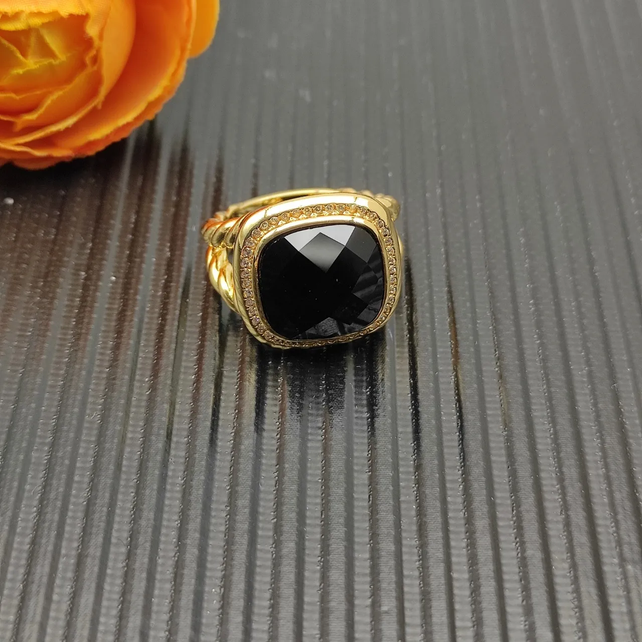 David Yurman Cable Classics Gold Black Twisted Band Faceted Cushion-Cut Stone Ring 7