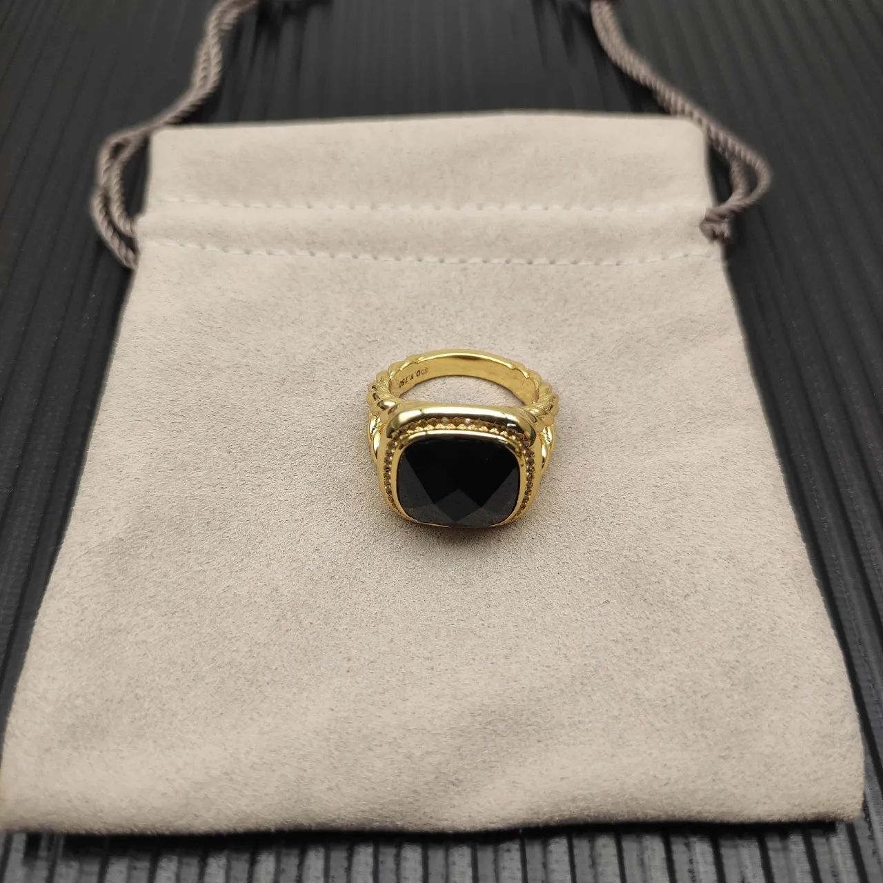 David Yurman Cable Classics Gold Black Twisted Band Faceted Cushion-Cut Stone Ring 9